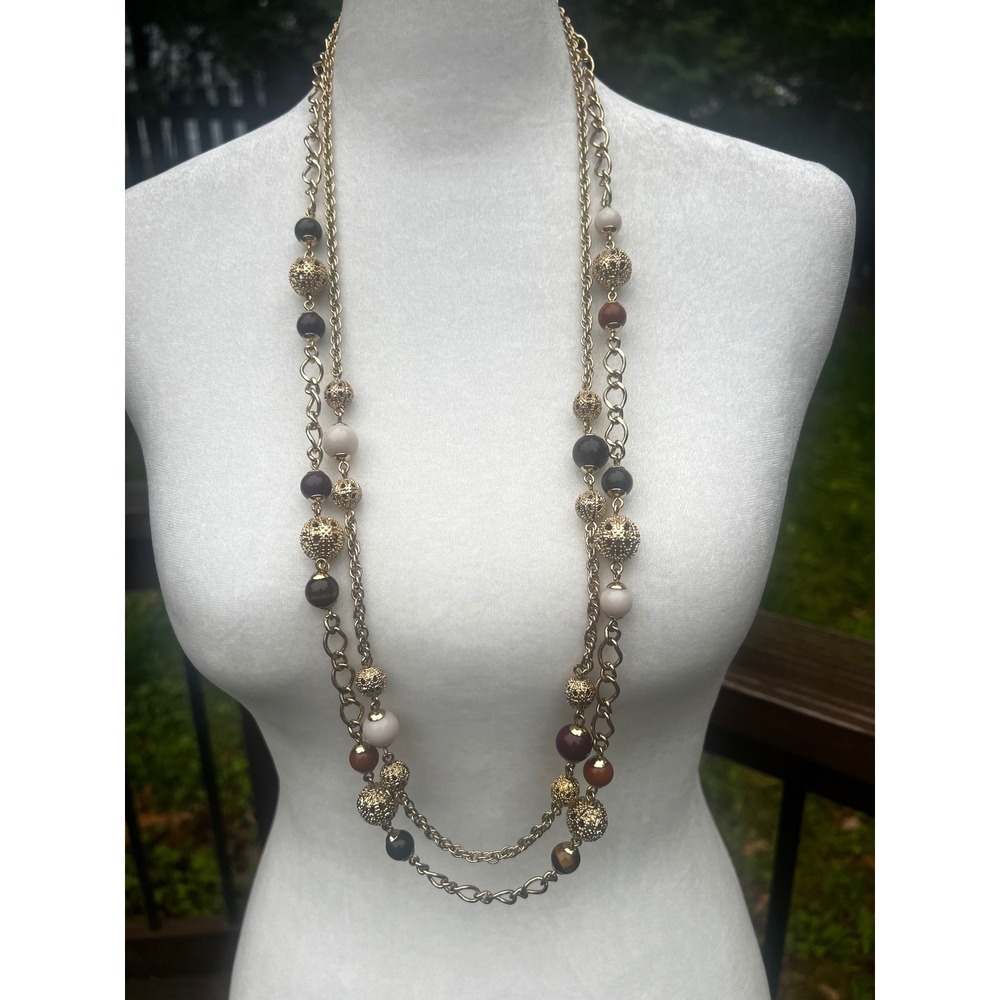 Talbots Gold Tone Layered Bead Necklace Vtg Style Preppy Earth Tones 36" Toggle